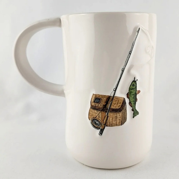 Rae Dunn Artisan Double Sided YOU'RE A REEL CATCH Fishing Tall White Green Mug - Picture 3 of 12